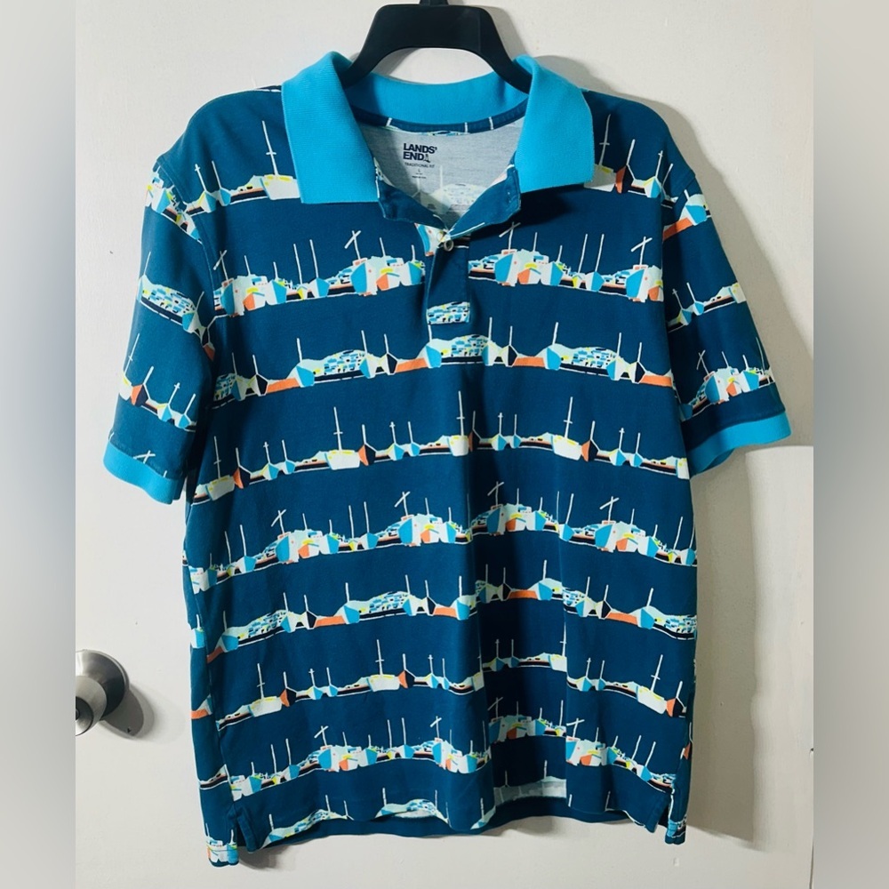 Men's Lands End Nautical Print Polo Shirt Large Preppy Coastal Resortwear Casual